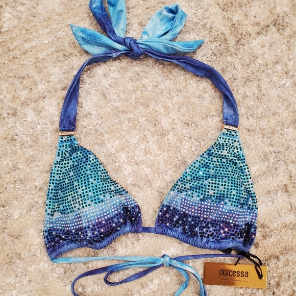 NWT Dolcessa Designer Bikini Top Iceberg Ombre Crystallized Tri Top Sz M